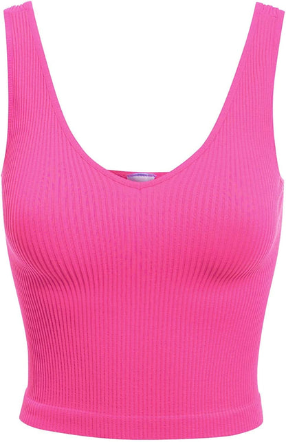 Women'S Four-Way Stretch V-Neck Ribbed Seamless Crop Top -Made in USA English Rose / One Size
