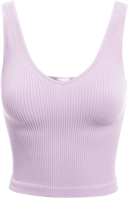 Women'S Four-Way Stretch V-Neck Ribbed Seamless Crop Top -Made in USA Orchid Petal / One Size