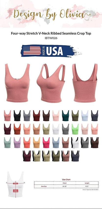 Women'S Four-Way Stretch V-Neck Ribbed Seamless Crop Top -Made in USA