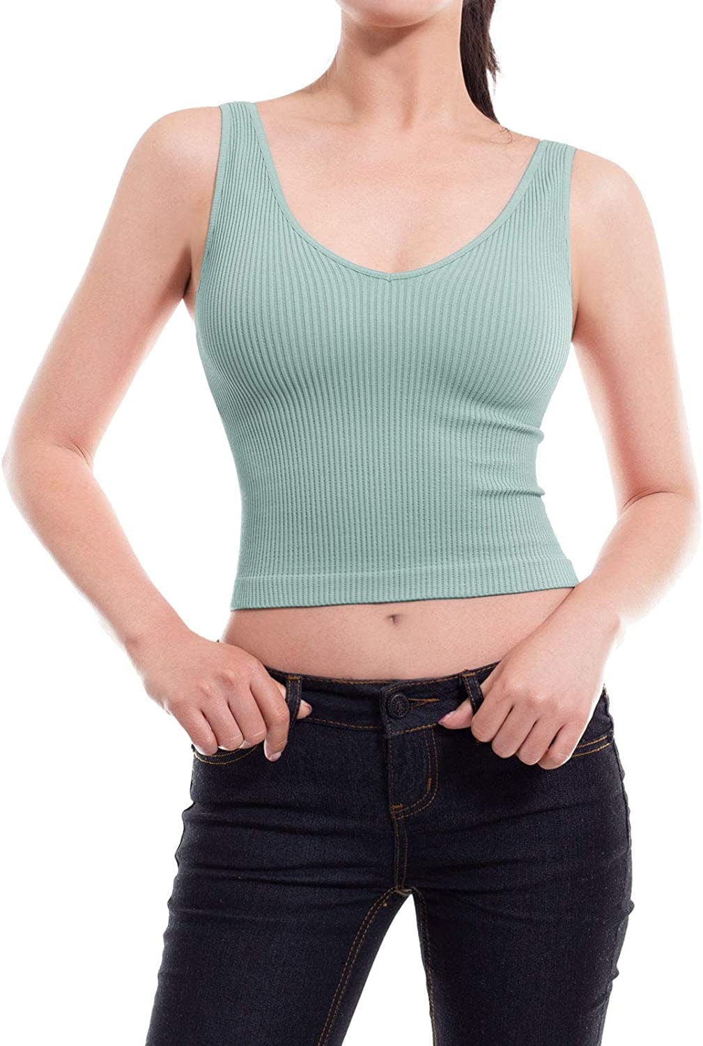 Women'S Four-Way Stretch V-Neck Ribbed Seamless Crop Top -Made in USA
