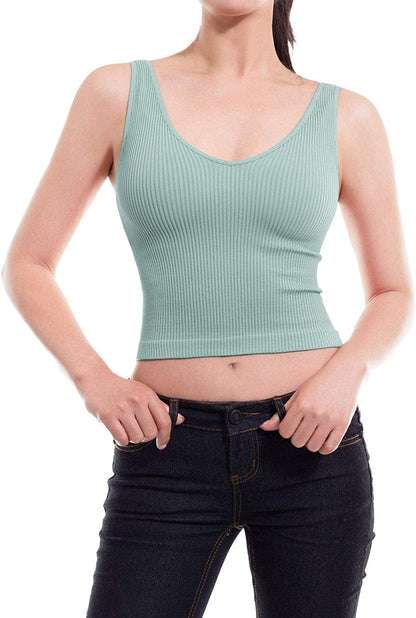 Women'S Four-Way Stretch V-Neck Ribbed Seamless Crop Top -Made in USA