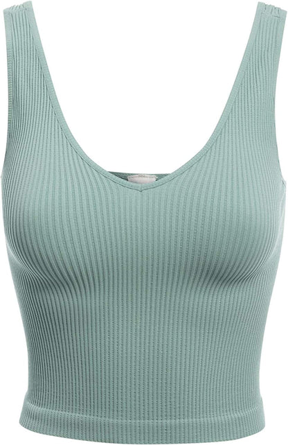 Women'S Four-Way Stretch V-Neck Ribbed Seamless Crop Top -Made in USA Aqua Haze / One Size