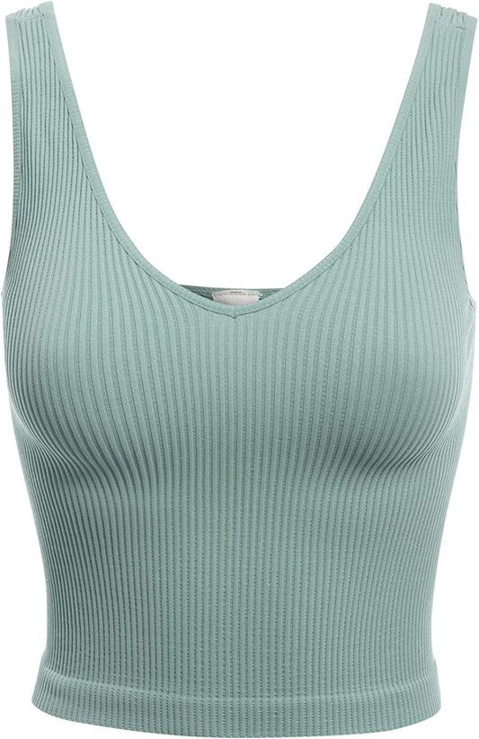 Women'S Four-Way Stretch V-Neck Ribbed Seamless Crop Top -Made in USA Aqua Haze / One Size