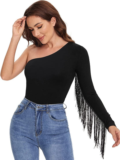 Women'S Fringe Trim One Shoulder Long Sleeve Fitted Top Black / Small