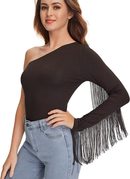 Women'S Fringe Trim One Shoulder Long Sleeve Fitted Top Brown / Small