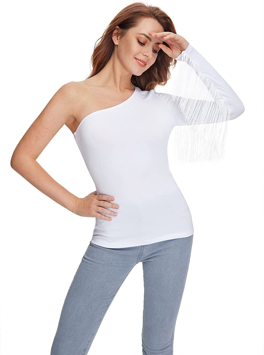 Women'S Fringe Trim One Shoulder Long Sleeve Fitted Top