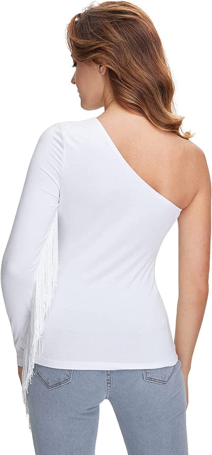 Women'S Fringe Trim One Shoulder Long Sleeve Fitted Top
