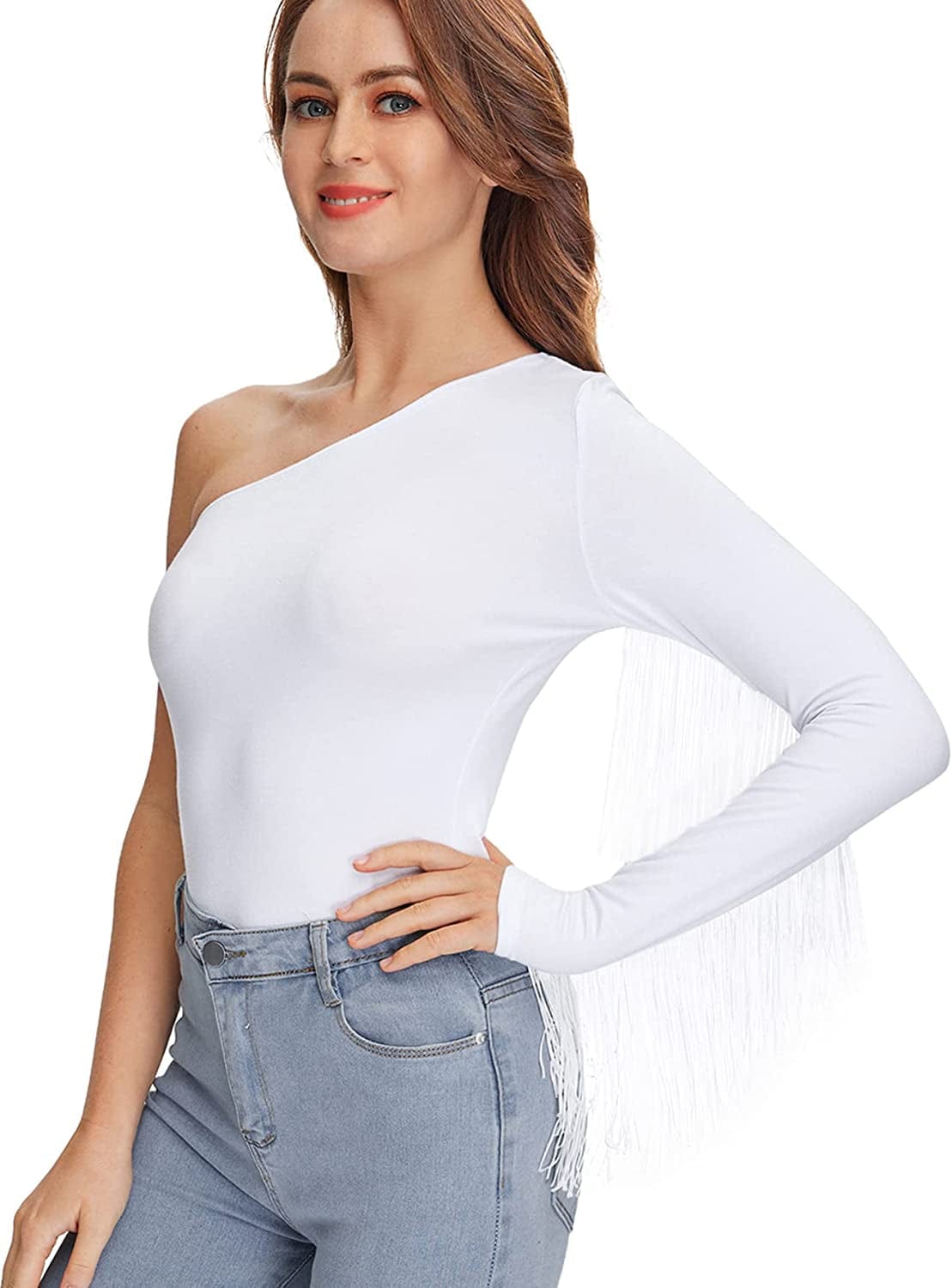 Women'S Fringe Trim One Shoulder Long Sleeve Fitted Top White / Large