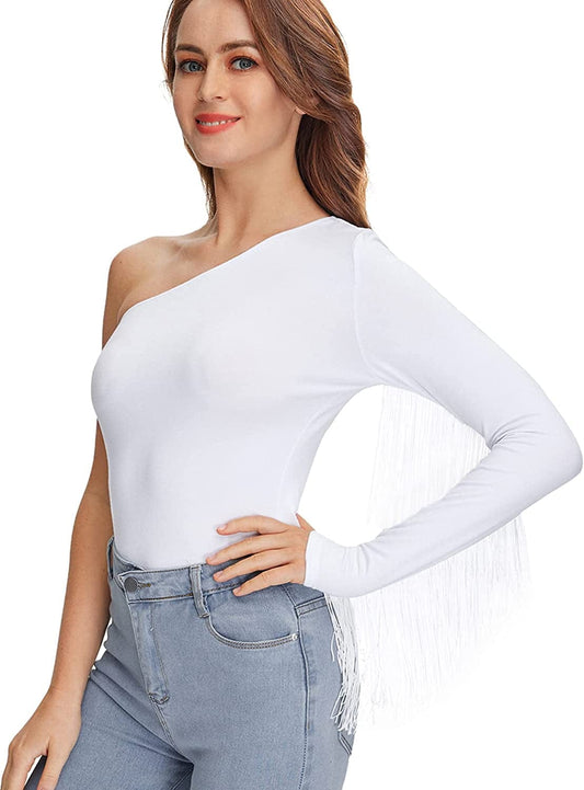 Women'S Fringe Trim One Shoulder Long Sleeve Fitted Top White / Large