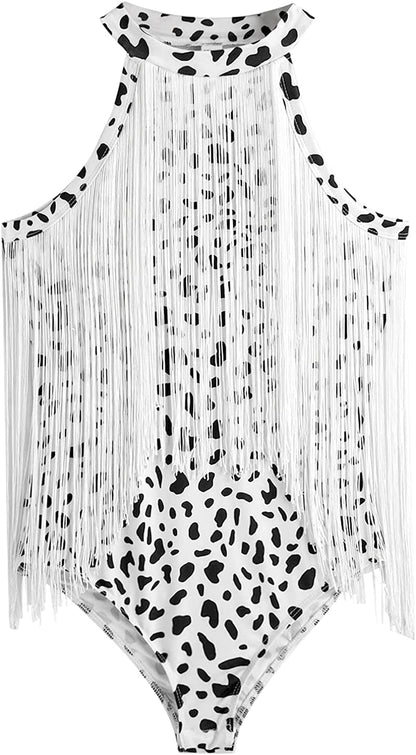 Women'S Fringe Trim Sleeveless Bodycon Halter Bodysuit Top Black Mini Cow / Small