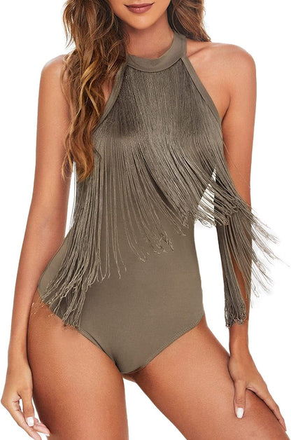 Women'S Fringe Trim Sleeveless Bodycon Halter Bodysuit Top Mocha Brown / Small