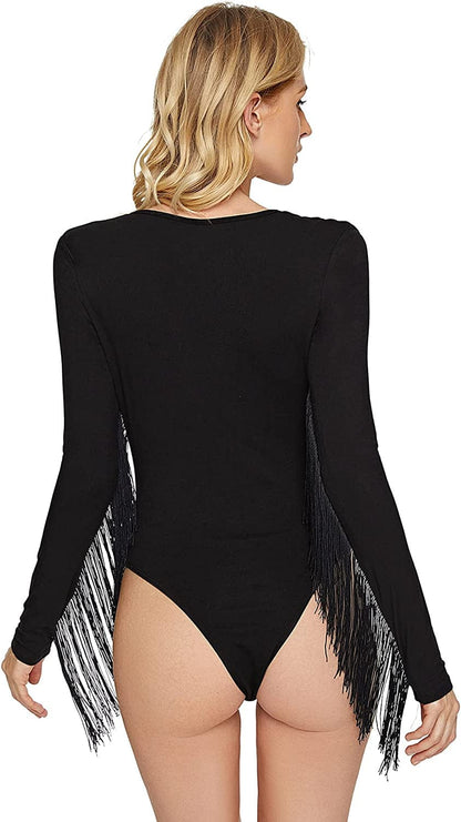 Women'S Fringe Trim V Neck Long Sleeve Bodysuit Top