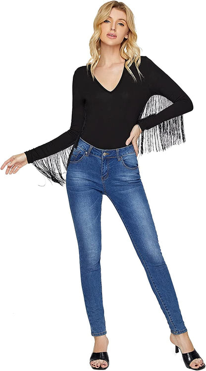 Women'S Fringe Trim V Neck Long Sleeve Bodysuit Top
