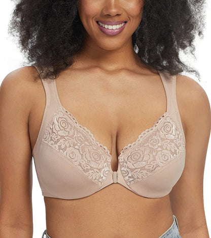 Women'S Front Closure Bra Underwire Unpadded plus Size Full Coverage Bras Beige / 42C