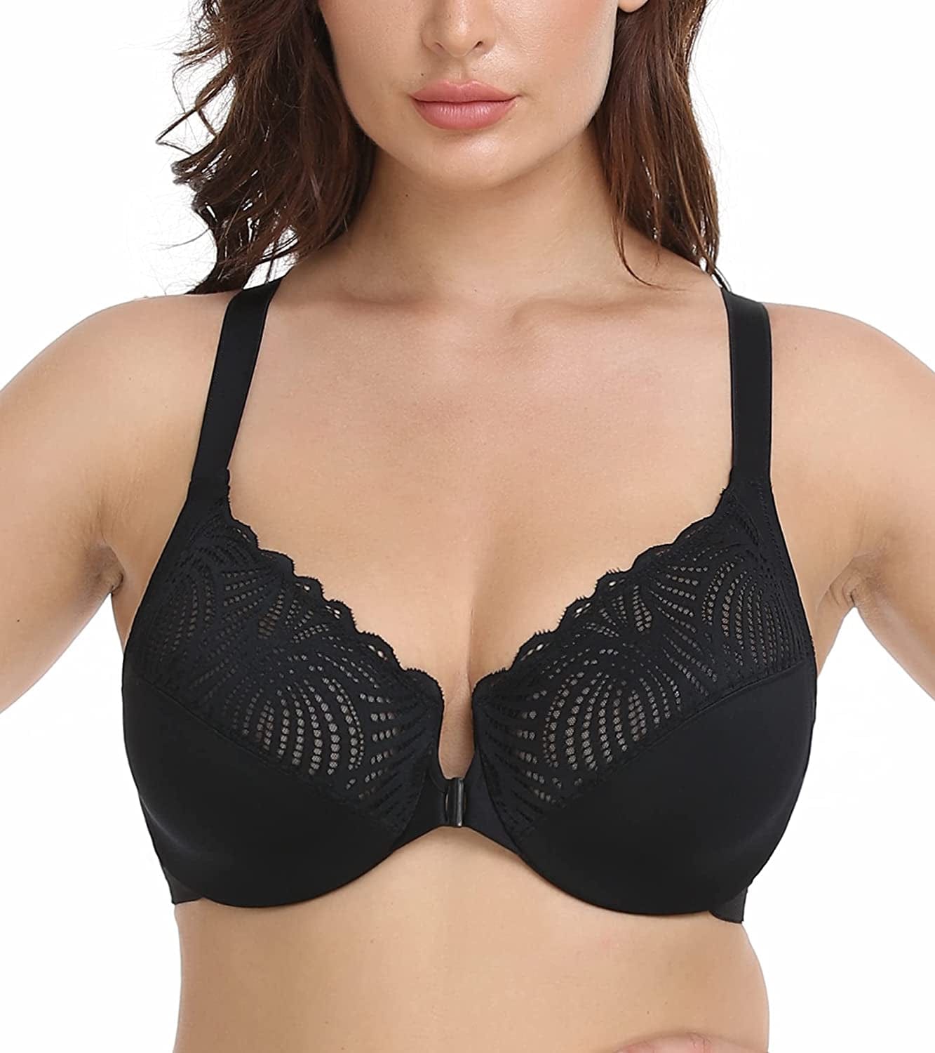 Women'S Front Closure Bra Underwire Unpadded plus Size Full Coverage Bras Floral Black / 42C