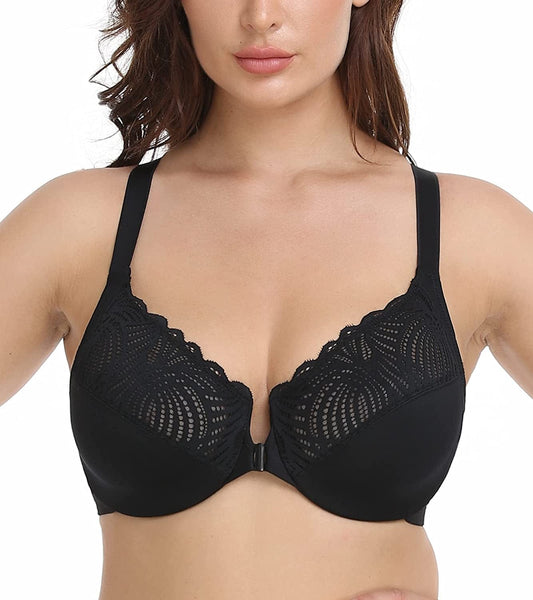 Women'S Front Closure Bra Underwire Unpadded plus Size Full Coverage Bras Floral Black / 42C