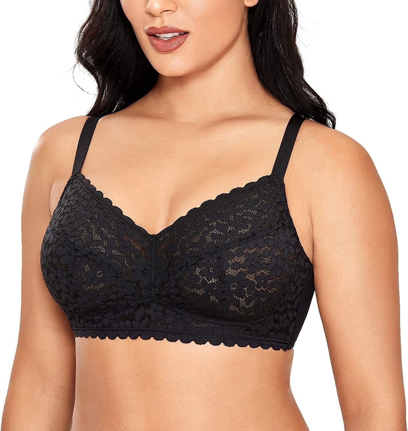 Women'S Full Coverage Bralette plus Size Minimizer Unlined Wireless Floral Lace Bra Black / 36A