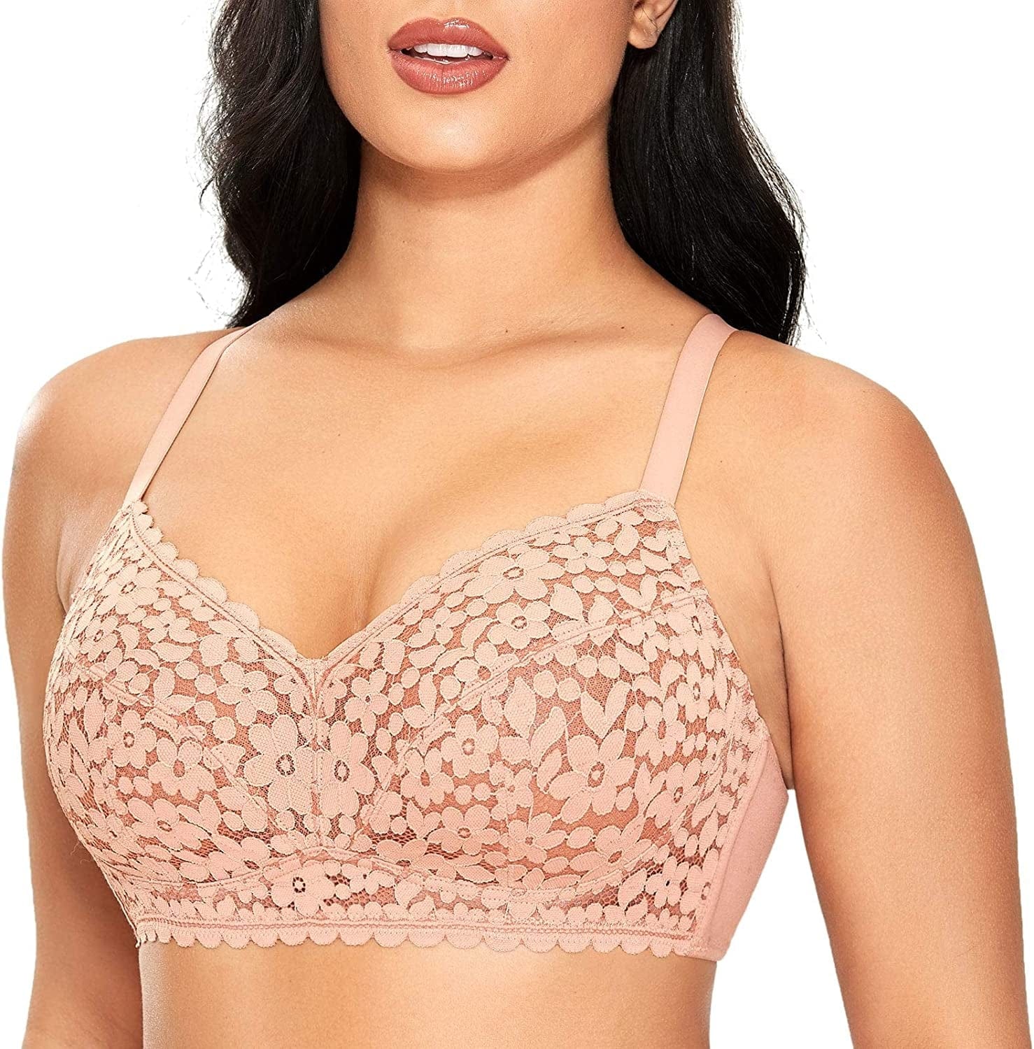 Women'S Full Coverage Bralette plus Size Minimizer Unlined Wireless Floral Lace Bra Cream Coffee / 32D