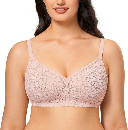 Women'S Full Coverage Bralette plus Size Minimizer Unlined Wireless Floral Lace Bra Gentle Rose / 40D