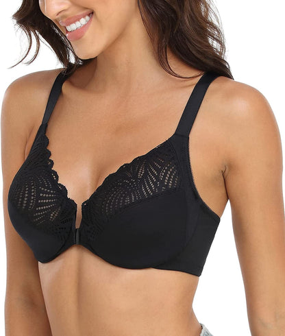 Women’S Full Figure plus Size Unpadded Front Closure Lace Racerback Underwire Everyday Bra