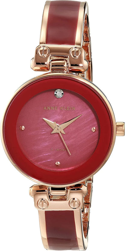 Women'S Genuine Diamond Dial Bangle Watch Rose Gold/Burgundy