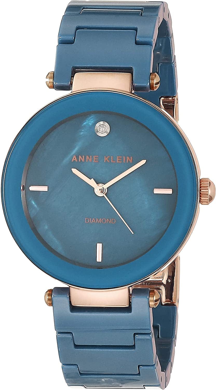 Women'S Genuine Diamond Dial Ceramic Bracelet Watch Medium Blue/Rose Gold