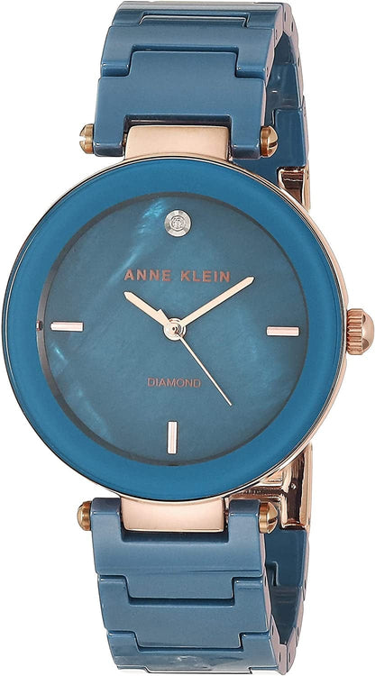 Women'S Genuine Diamond Dial Ceramic Bracelet Watch Medium Blue/Rose Gold