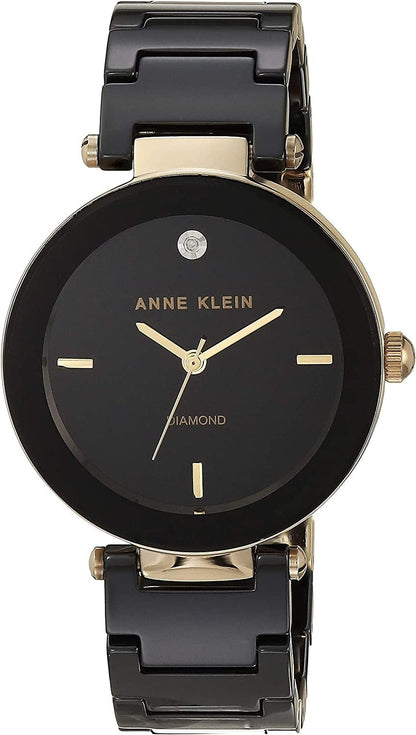 Women'S Genuine Diamond Dial Ceramic Bracelet Watch Black/Gold