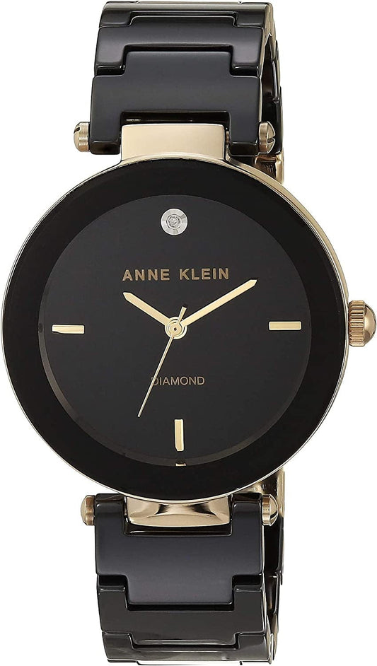 Women'S Genuine Diamond Dial Ceramic Bracelet Watch Black/Gold