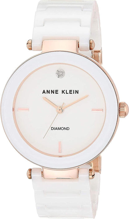 Women'S Genuine Diamond Dial Ceramic Bracelet Watch White/Rose Gold