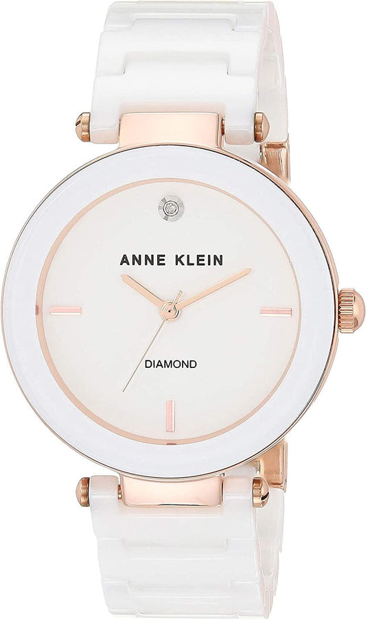 Women'S Genuine Diamond Dial Ceramic Bracelet Watch White/Rose Gold