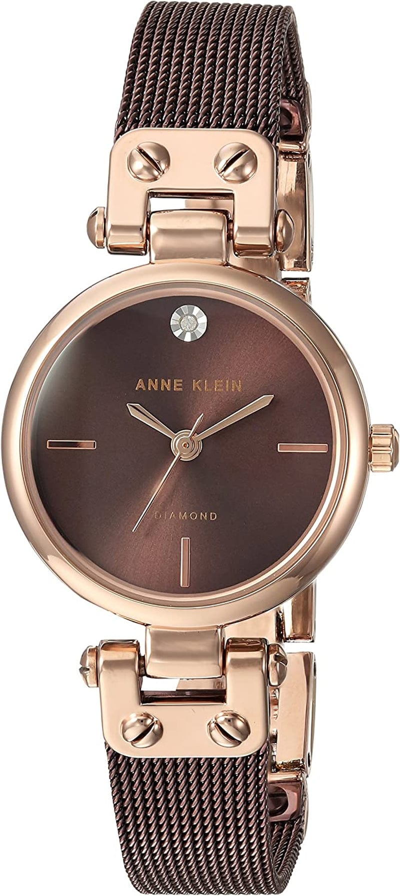 Women'S Genuine Diamond Dial Mesh Bracelet Watch Brown/Rose Gold