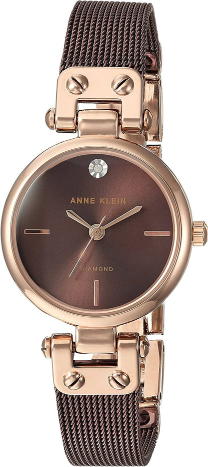Women'S Genuine Diamond Dial Mesh Bracelet Watch Brown/Rose Gold