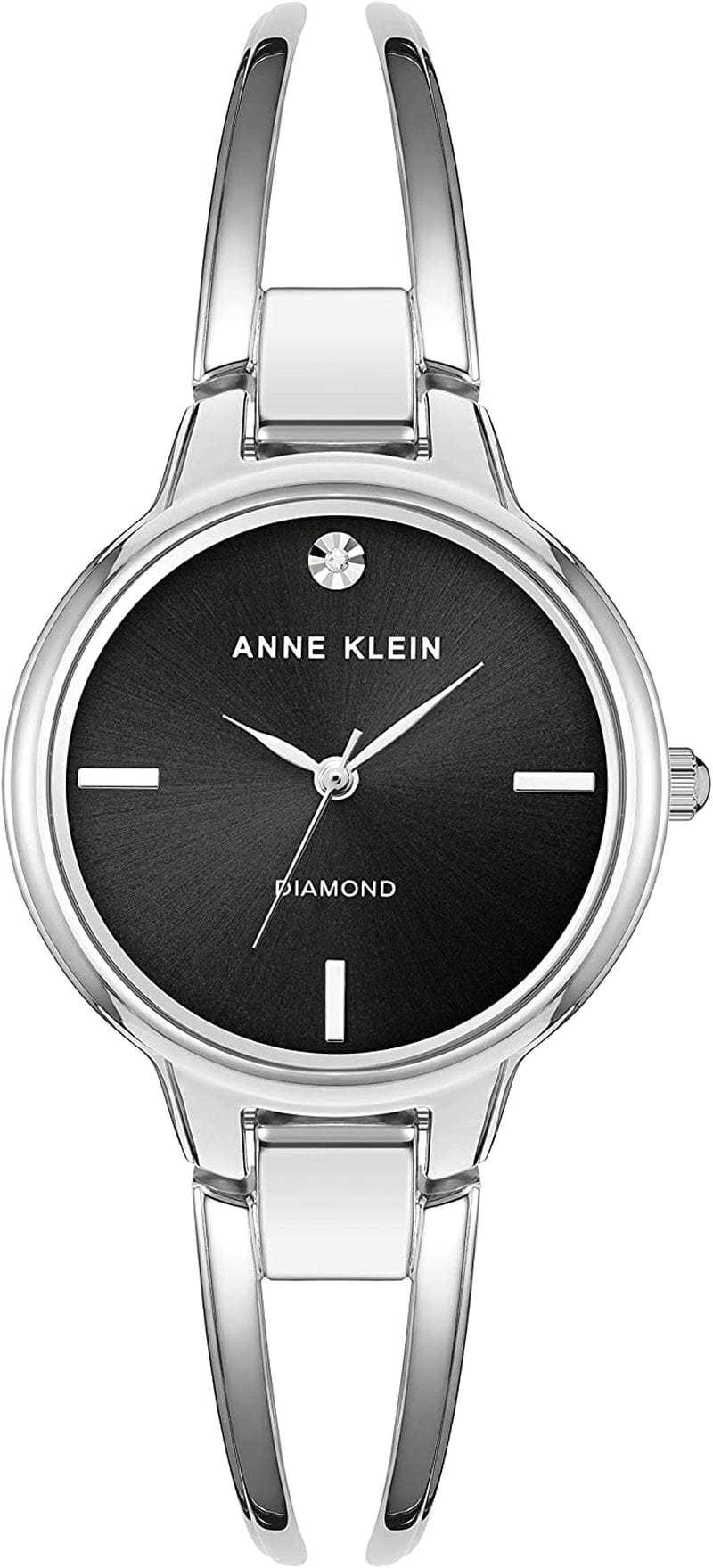 Women'S Genuine Diamond Dial Open Bangle Watch Silver/Black