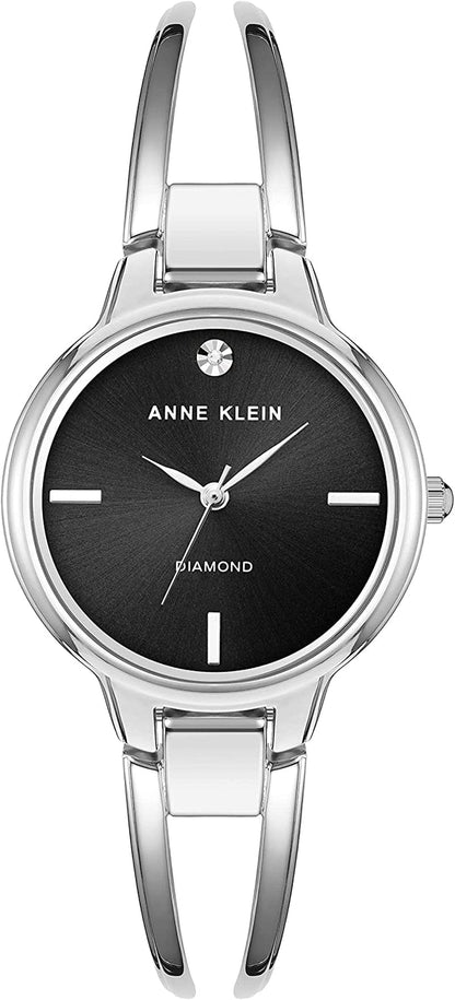 Women'S Genuine Diamond Dial Open Bangle Watch Silver/Black
