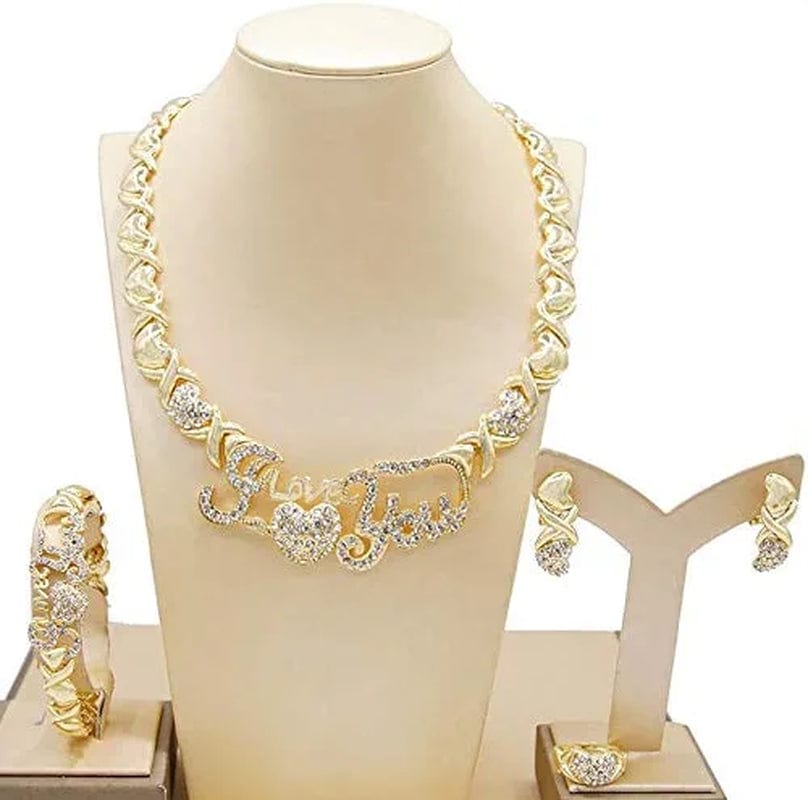 Women'S Girls Hugs & Kisses XOXO Hearts 4 Pieces Necklace Set I Love You Charm Includes Necklace Bracelet Ring Earrings Real Gold Plated Layered #24