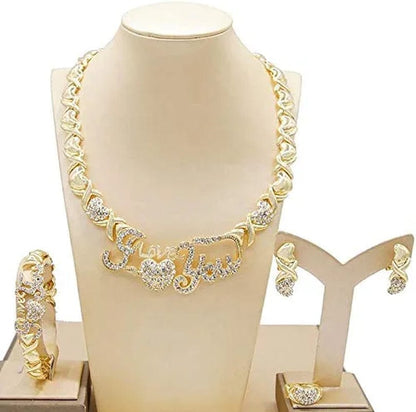 Women'S Girls Hugs & Kisses XOXO Hearts 4 Pieces Necklace Set I Love You Charm Includes Necklace Bracelet Ring Earrings Real Gold Plated Layered #24