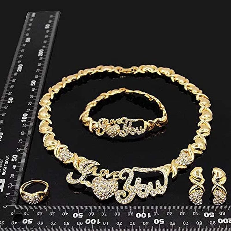 Women'S Girls Hugs & Kisses XOXO Hearts 4 Pieces Necklace Set I Love You Charm Includes Necklace Bracelet Ring Earrings Real Gold Plated Layered #24