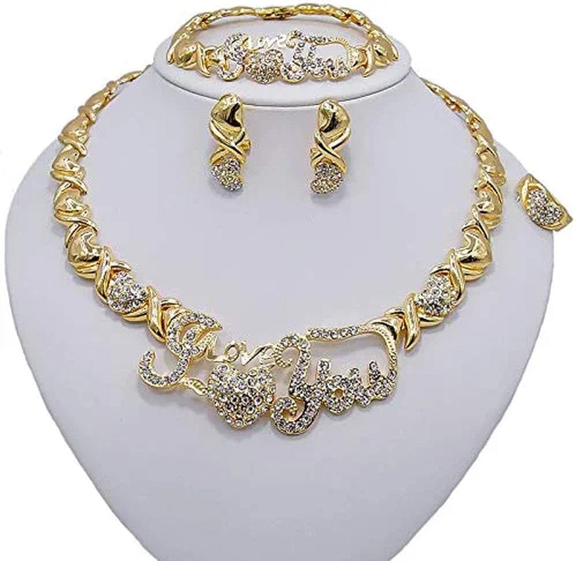Women'S Girls Hugs & Kisses XOXO Hearts 4 Pieces Necklace Set I Love You Charm Includes Necklace Bracelet Ring Earrings Real Gold Plated Layered #24