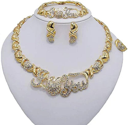 Women'S Girls Hugs & Kisses XOXO Hearts 4 Pieces Necklace Set I Love You Charm Includes Necklace Bracelet Ring Earrings Real Gold Plated Layered #24