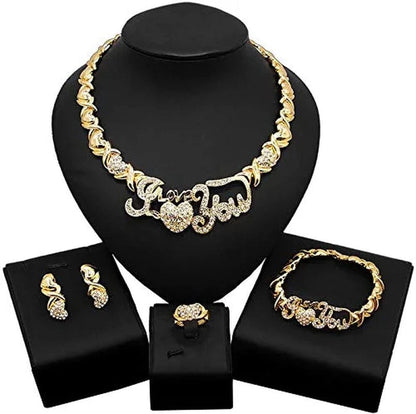Women'S Girls Hugs & Kisses XOXO Hearts 4 Pieces Necklace Set I Love You Charm Includes Necklace Bracelet Ring Earrings Real Gold Plated Layered #24
