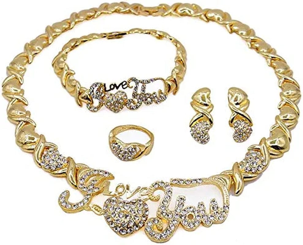 Women'S Girls Hugs & Kisses XOXO Hearts 4 Pieces Necklace Set I Love You Charm Includes Necklace Bracelet Ring Earrings Real Gold Plated Layered #24