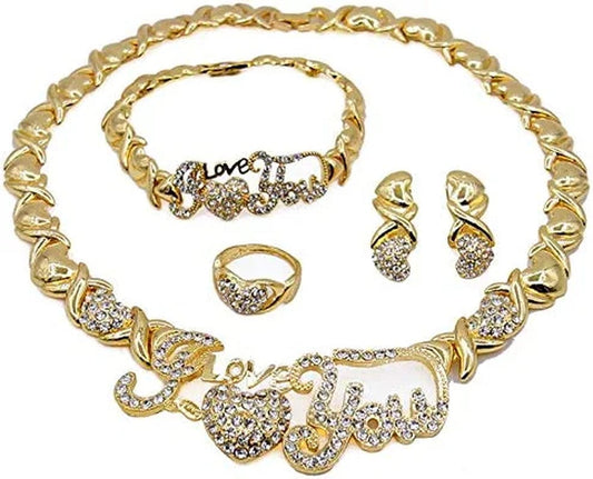 Women'S Girls Hugs & Kisses XOXO Hearts 4 Pieces Necklace Set I Love You Charm Includes Necklace Bracelet Ring Earrings Real Gold Plated Layered #24
