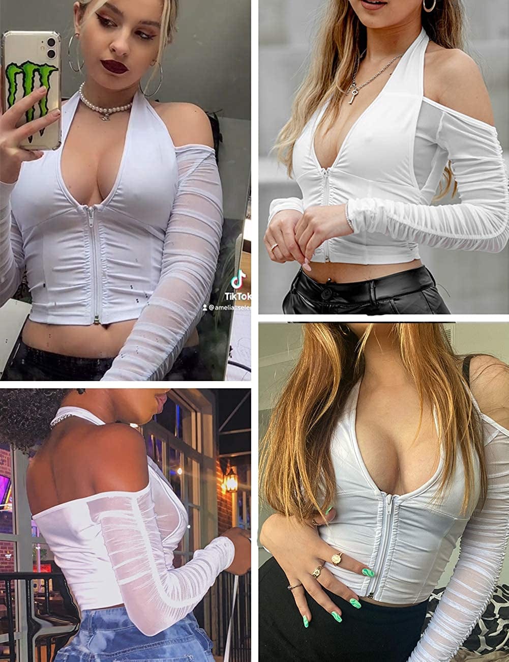 Women’S Halter Long Sleeve Crop Top Y2K Deep V Neck T Shirts