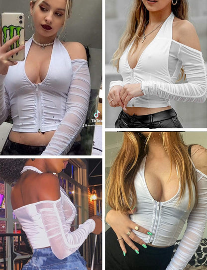 Women’S Halter Long Sleeve Crop Top Y2K Deep V Neck T Shirts