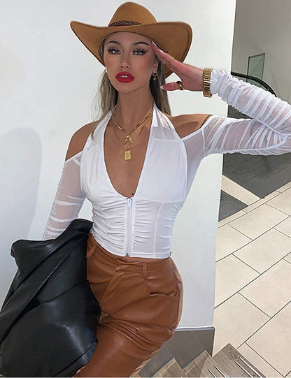 Women’S Halter Long Sleeve Crop Top Y2K Deep V Neck T Shirts