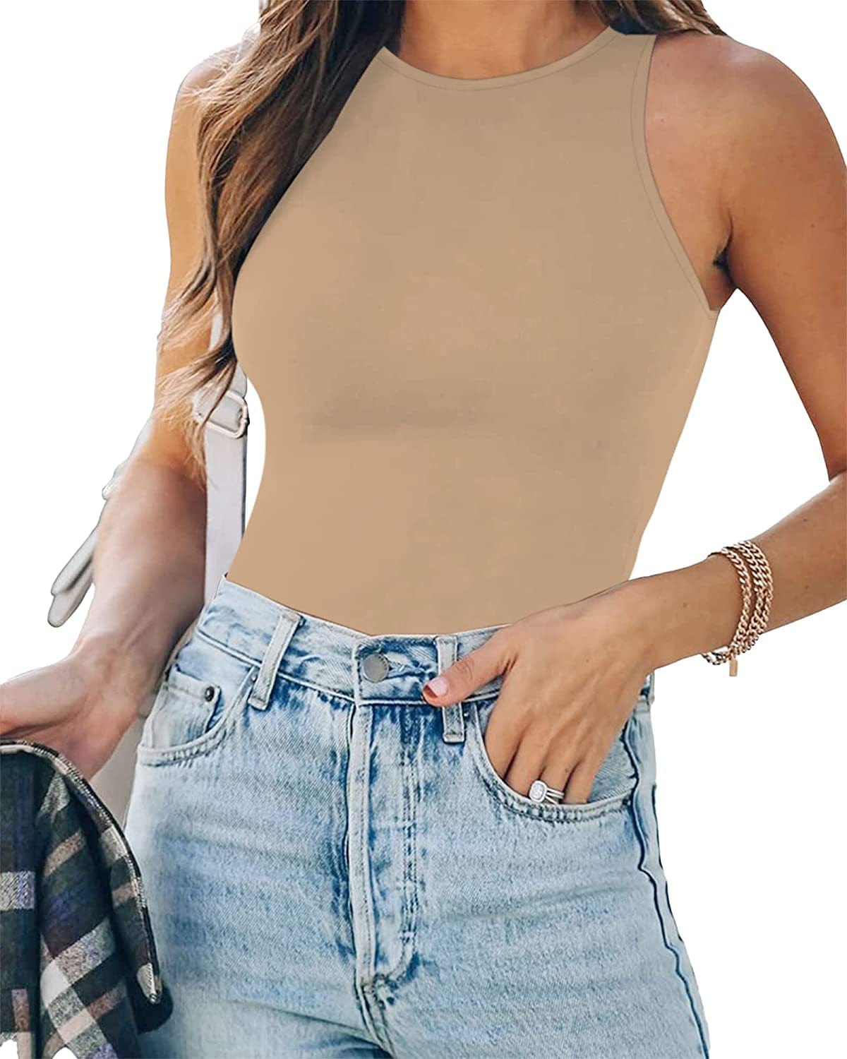 Women'S Halter Neck Sleeveless Sexy Tank Tops/Crew Neck Long Sleeve Bodysuit Halter Neck Mocha / Medium