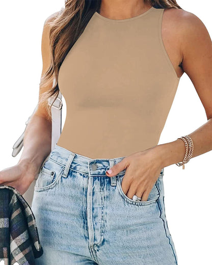 Women'S Halter Neck Sleeveless Sexy Tank Tops/Crew Neck Long Sleeve Bodysuit Halter Neck Mocha / Medium