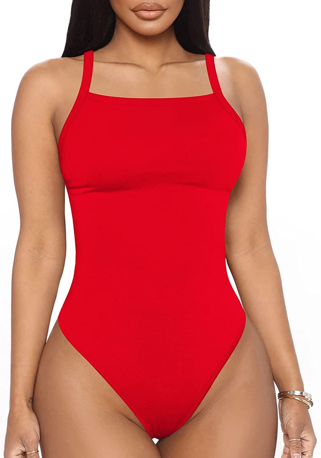 Women'S Halter Neck Sleeveless Sexy Tank Tops/Crew Neck Long Sleeve Bodysuit Strappy Red / Medium