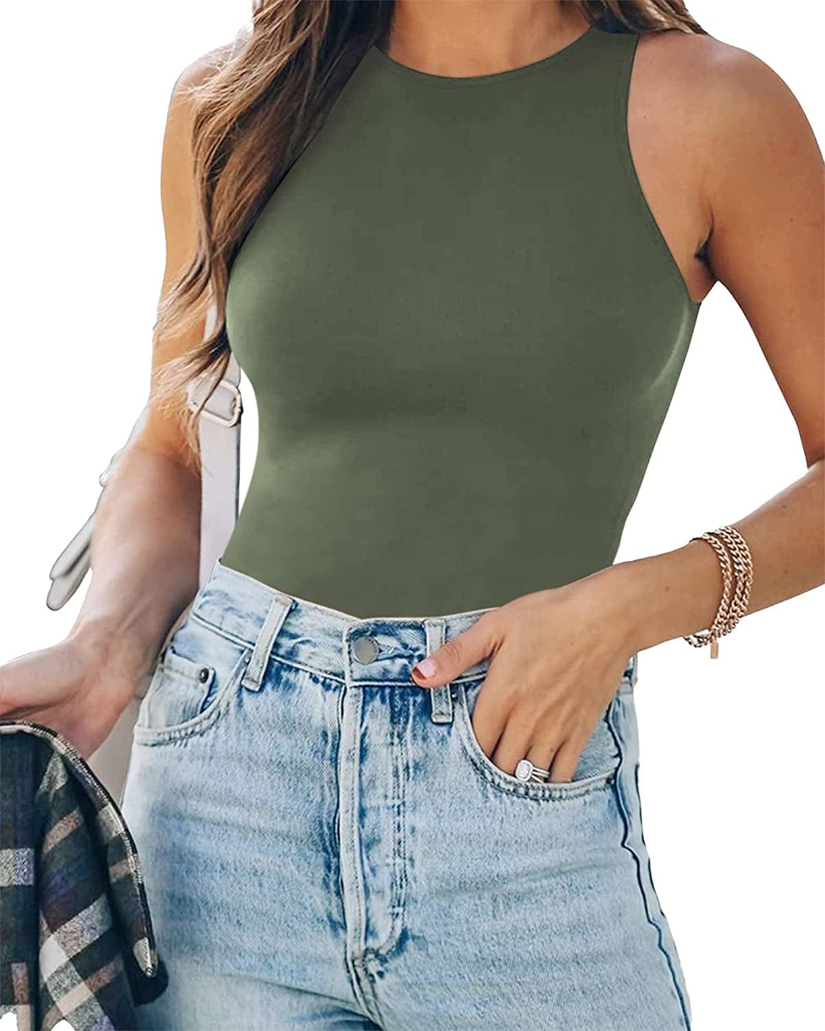 Women'S Halter Neck Sleeveless Sexy Tank Tops/Crew Neck Long Sleeve Bodysuit Halter Neck Gray Green / Medium
